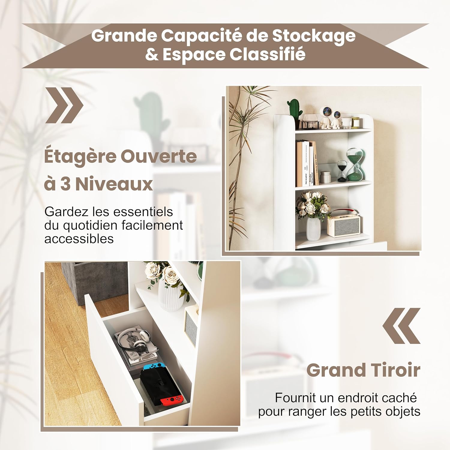 Libreria Aperta a 3 Ripiani, Scaffale Salvaspazio in Legno con Cassetto, Scaffale Portaoggetti Espositivo per Camera da Letto, Soggiorno, Cuci - 6