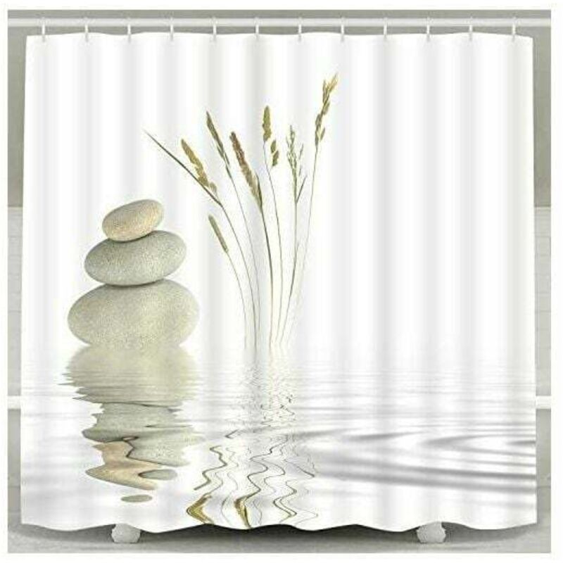 Perdea de duș cu piatră Zen, reflexie de iarbă sălbatică în apă, perdele de duș cu 12 cârlige, design meditativ