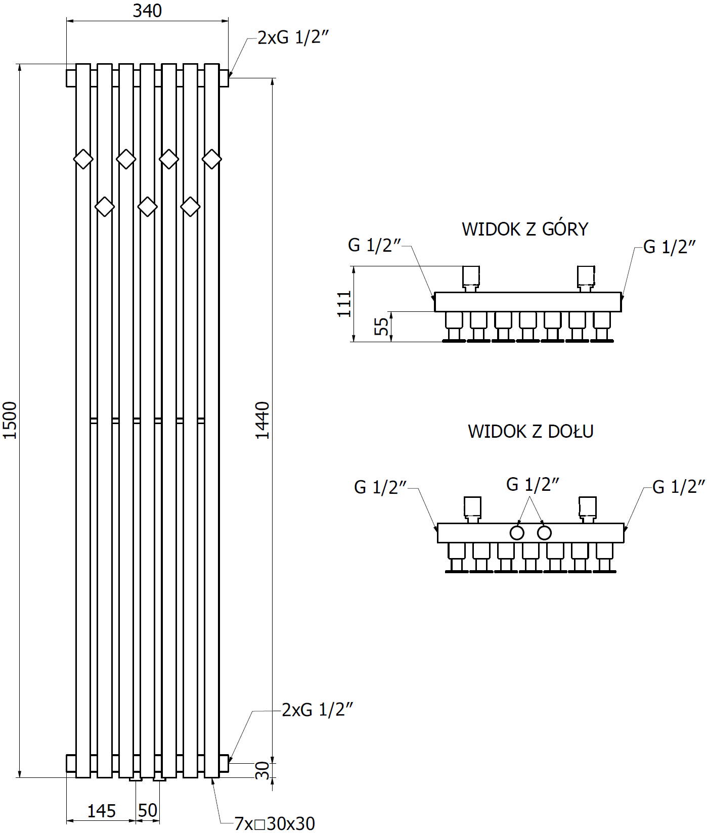 Mexen Flux grzejnik łazienkowy dekoracyjny 1500 x 340 mm, 630 W, biały - W127-1500-360-00-20