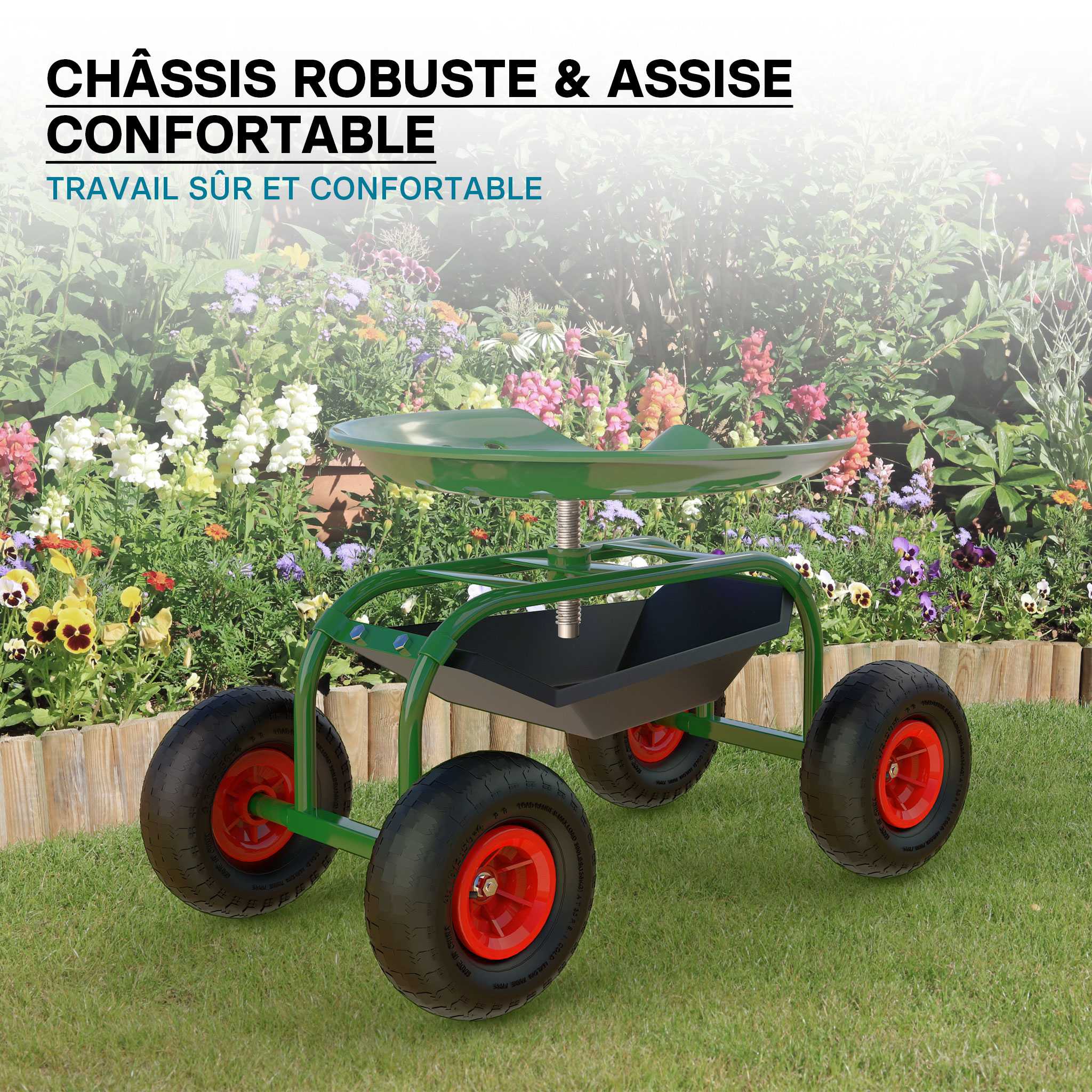 Siège de jardin sur larges roues Charge 150kg max. Chariot coulissant Jardinage Repose-genoux - 4