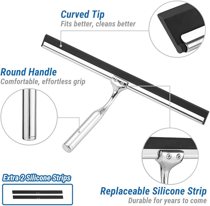 Raclette De Douche En Acier Inox 31cm Avec Crochet Sans Perçage, 2 Lames Silicone De Rechange - Pour Miroir, Vitre, Carrelage Et Salle De Bain - 3