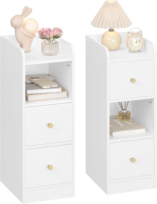 Mesilla de Noche de 2, Mesas Auxiliares con 2 Cajones,Protector Superior,para Espacios reducidos, para Dormitorio,Salón,Blanca con Grano de Madera