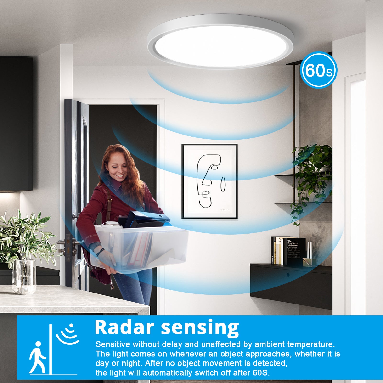 Lampa sufitowa z czujnikiem ruchu do wnętrz, 24 W 2400 LM Okrągła lampa sufitowa, średnica 30 cm, ultracienka 4000 K LED Czujnik sufitowy jak cor - 3