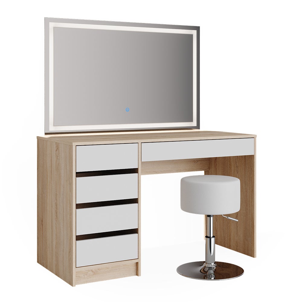 Vicco Stół jamający Sherry, Biały/Sonoma, 120 cm z lustrem LED i stołkiem