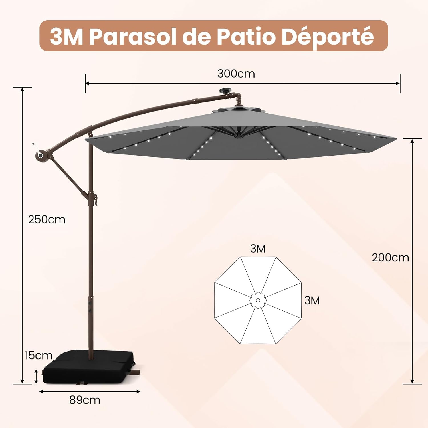 Guarda-chuva offset 3x3m, grande guarda-chuva cinza - 4