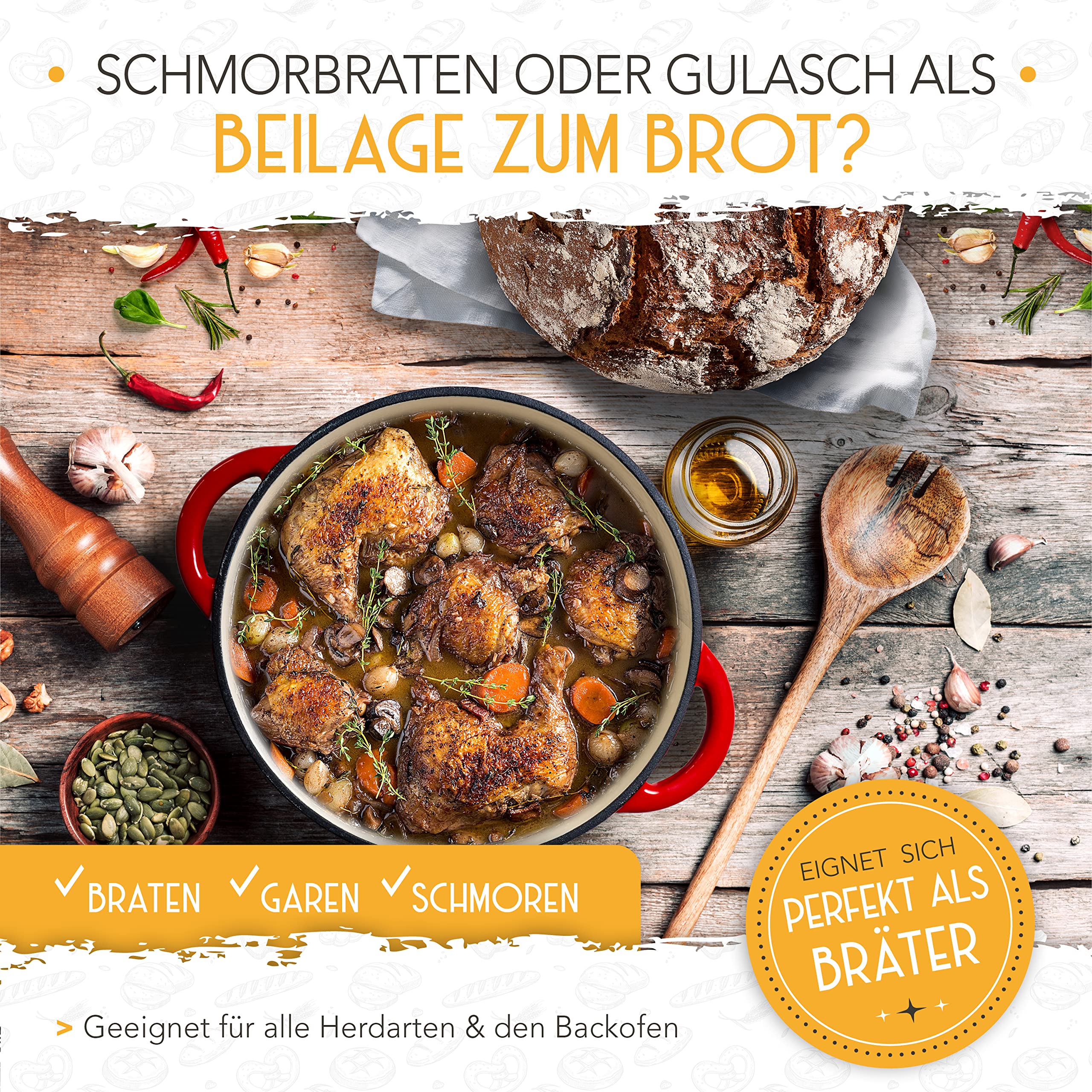 KRUSTENZAUBER Pentola in Ghisa Con Cestino per Lievitazione - Smaltata di Alta Qualità 26 cm - Ideale per Cuocere il Pane e Accessori da Forno - 4