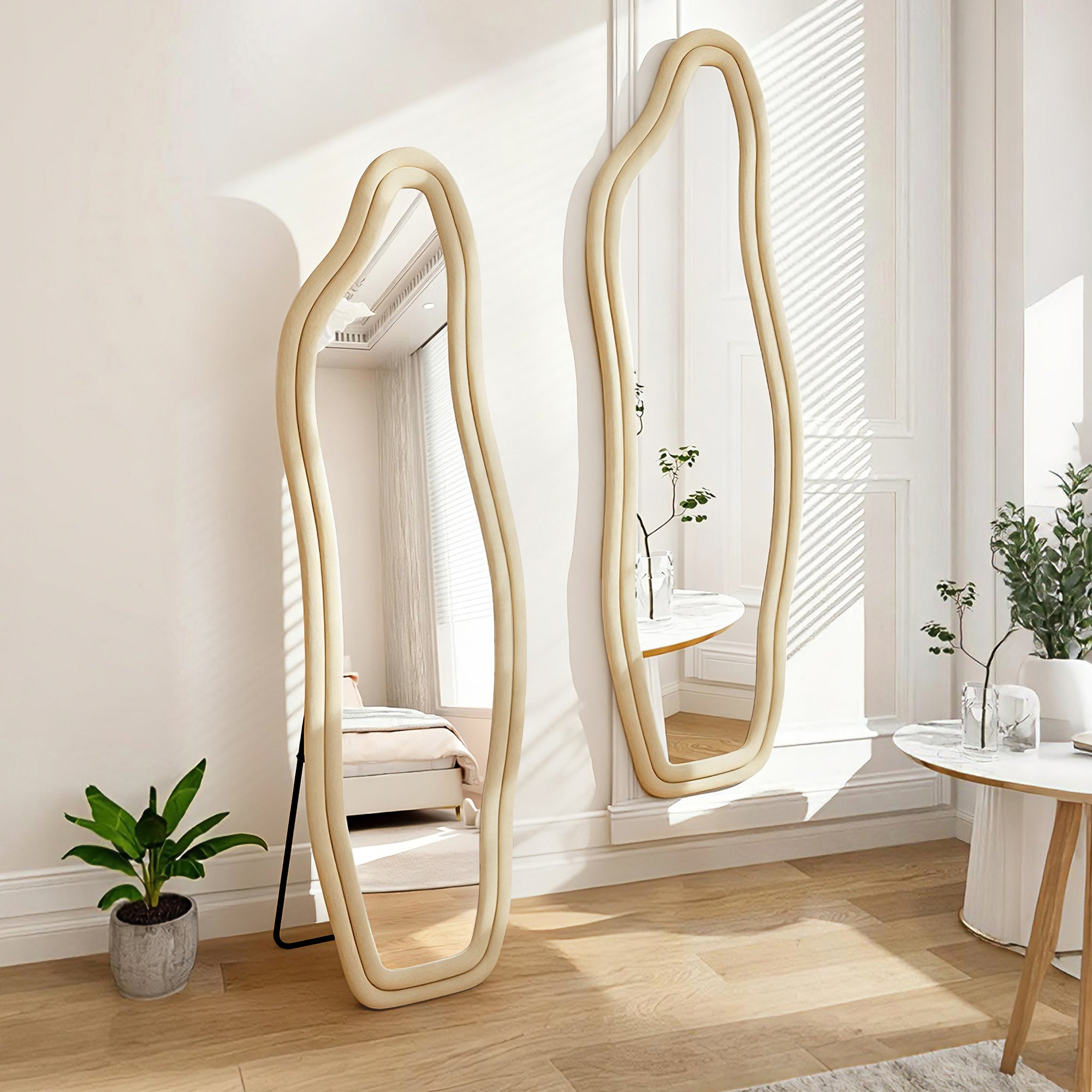 Long miroir de sol ou mural pleine longueur 160x50 cm, avec cadre ondulé en Velours, pour chambre et entrée, à adosser ou accrocher, Or - 2