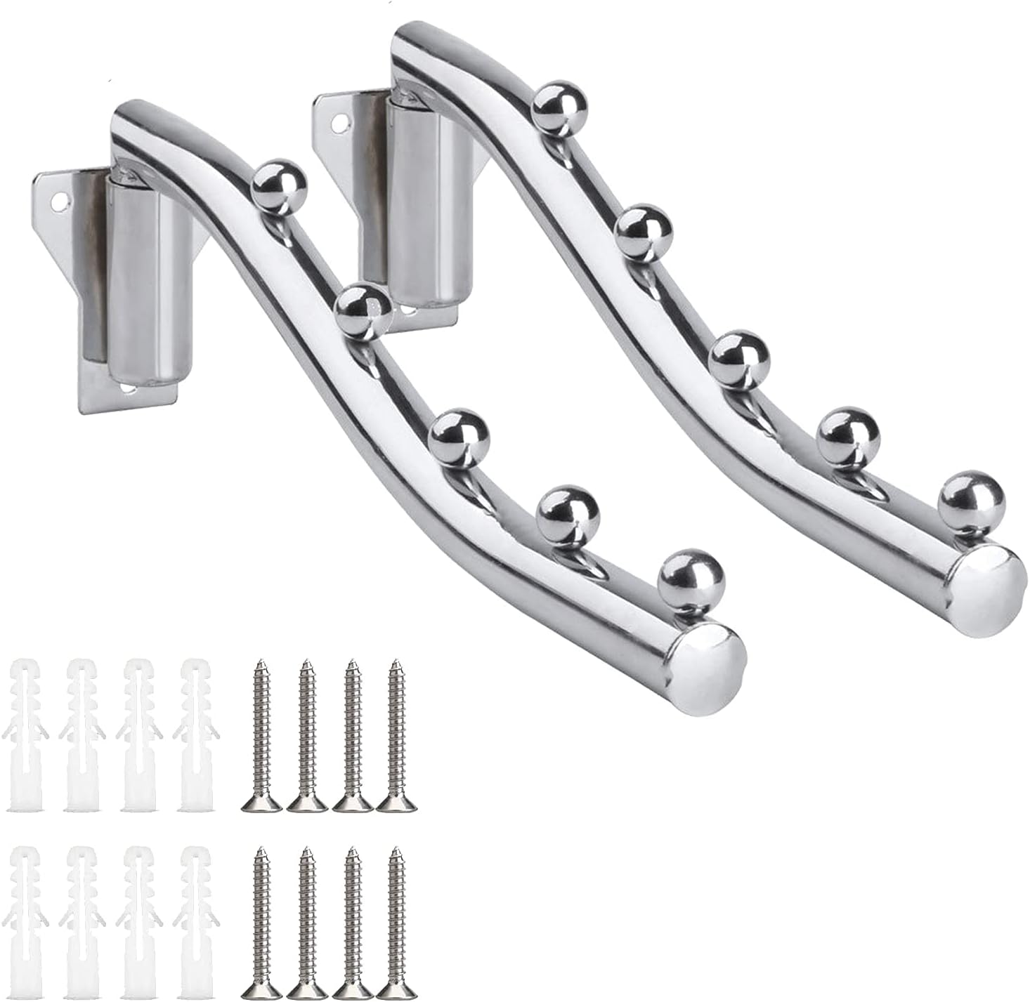 Zestaw 2 suszarek do ubrań montowanych na ścianie, ze stali nierdzewnej, składane, zajmujące mało miejsca, z obrotowym ramieniem (28 cm, 5 perełek)