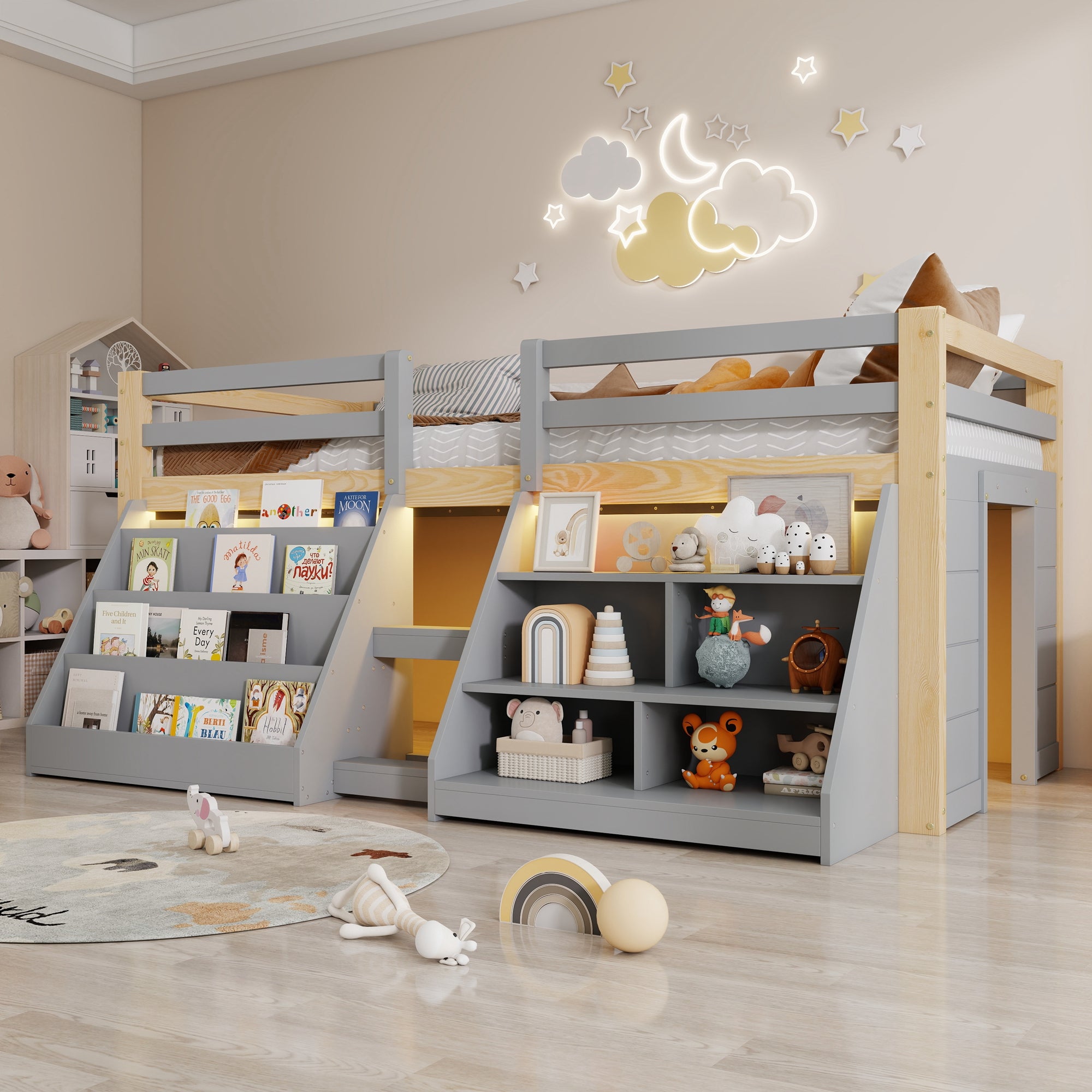 Lit mi-hauteur enfant 90 x 200 cm avec étagères et barrière de sécurité - Pin + MDF + contreplaqué - LEDs - Naturel + gris (Sans matelas) - 3