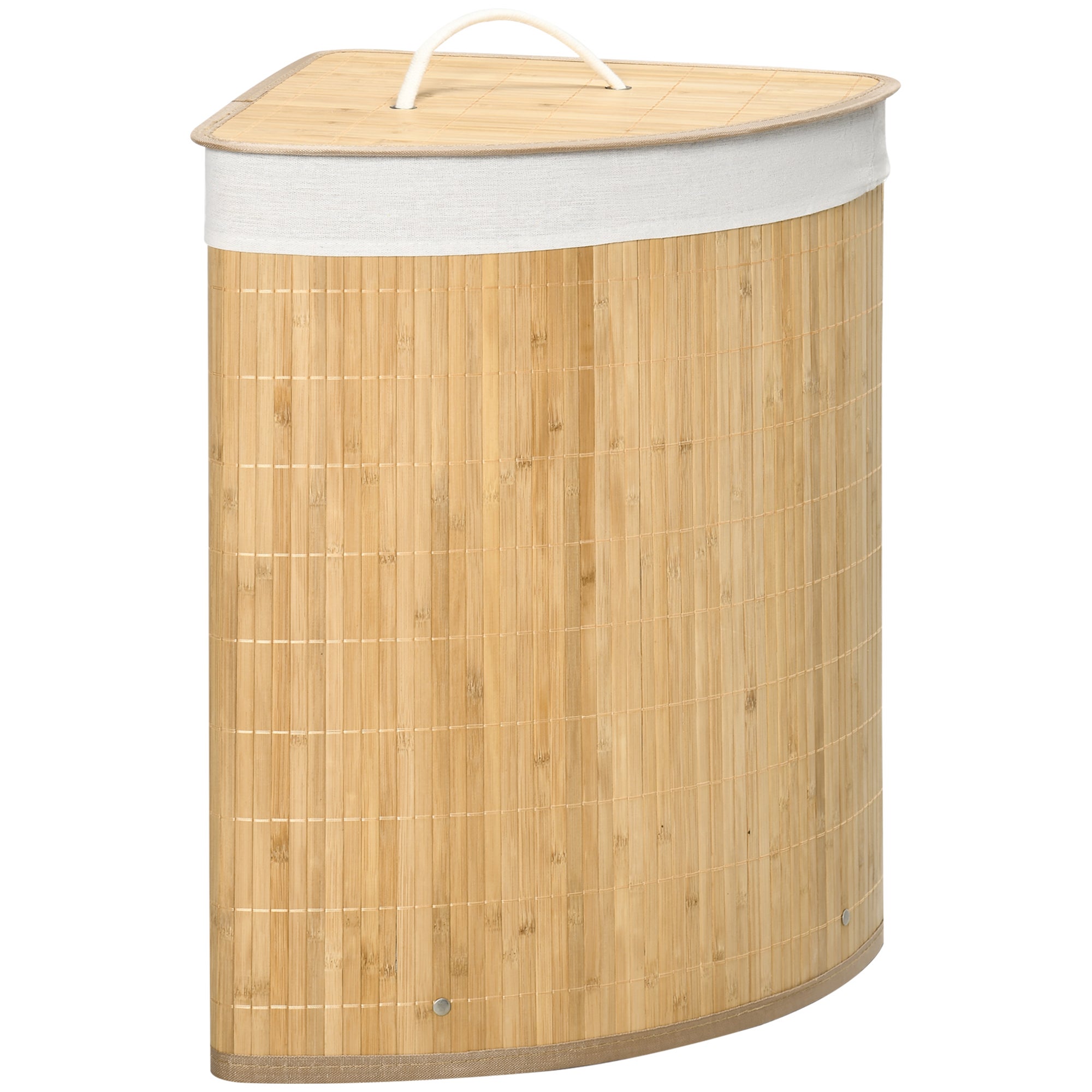 Kosz na pranie narożny z bambusa, 55 l, z pokrywką i wyjmowanym workiem, 38 x 38 x 57 cm, drewno naturalne i biały