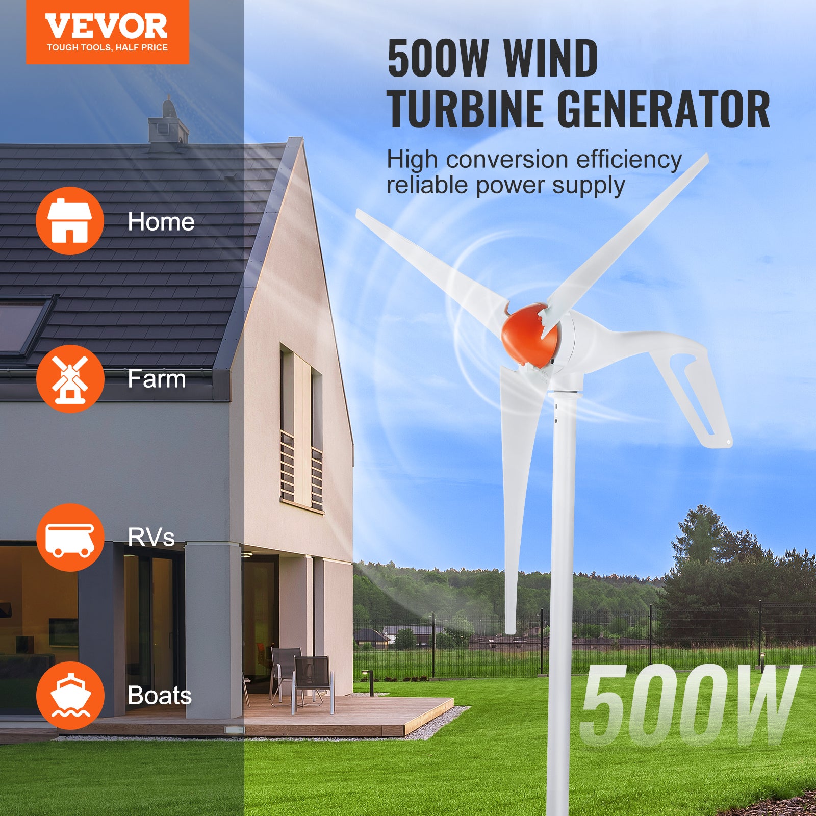Générateur d'éolienne 500W avec anémomètre, kit d'éolienne 12 V, générateur d'énergie éolienne à 3 pales, contrôleur MPPT adapté pour la maison, VEVOR - 2