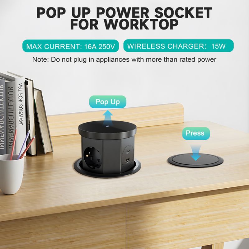 Prise escamotable, 4 compartiments avec 1 USB C 1 USB-A, prise encastrable, avec chargeur sans fil de 15W, bureau, cuisine【Tabletop cutout size: 11cm】 - 3