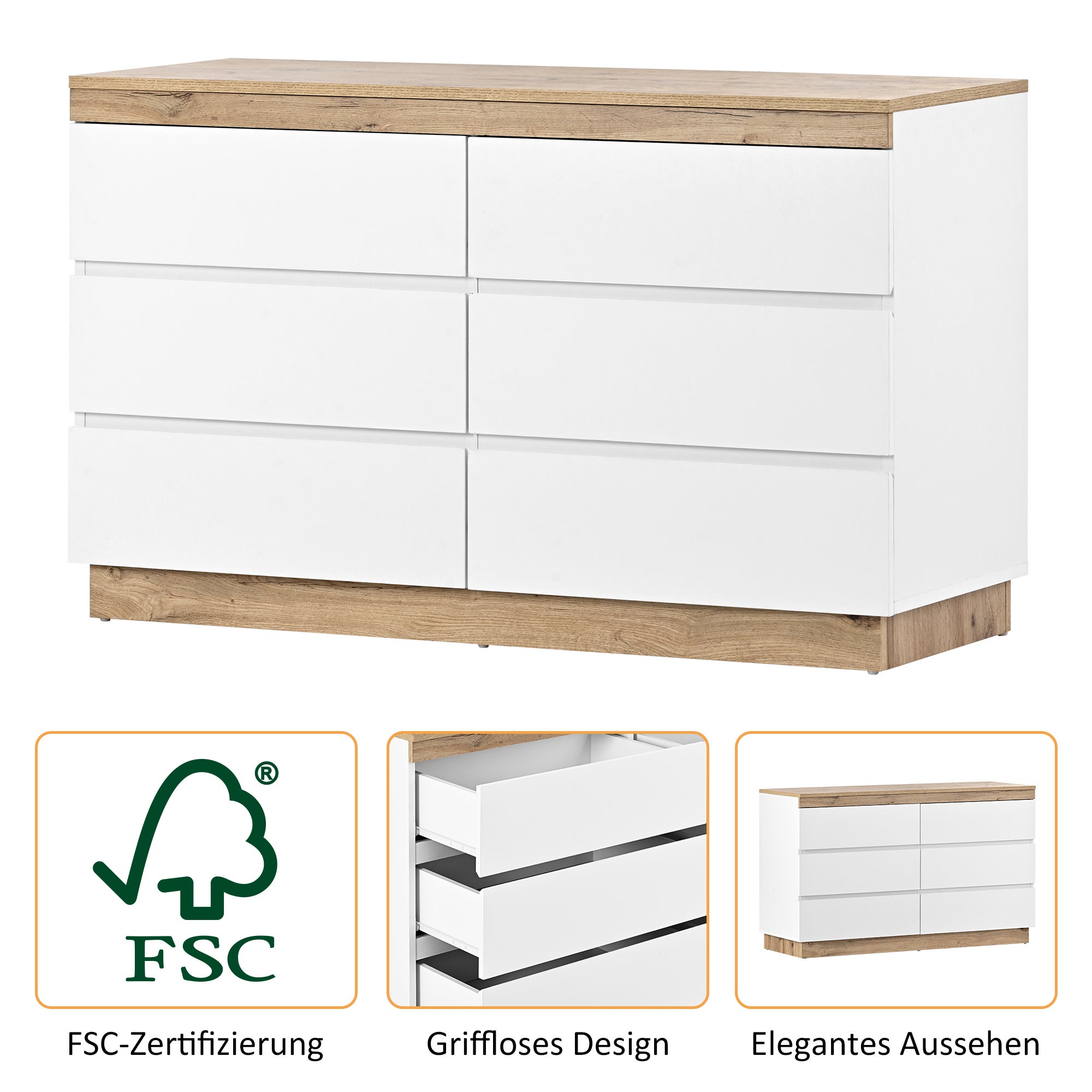 Armadietto con 6 cassetti e funzione di contenitore per camera da letto e soggiorno E1 pannello di particelle bianco + rovere - 7