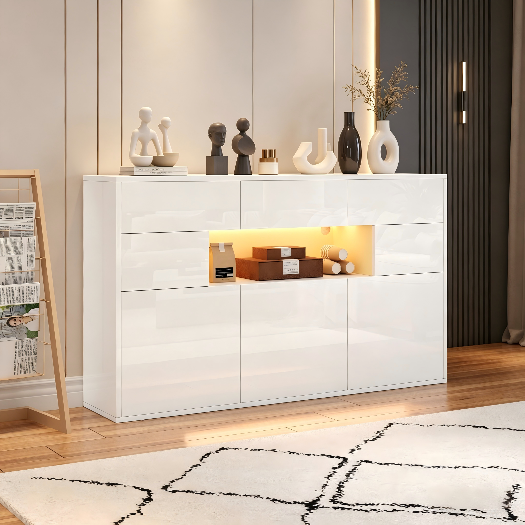 Komoda błyszcząca 140x30x94cm - 3 szuflady i 5 drzwi - z oświetleniem LED - z 5 metalowymi nogami - MDF - biała