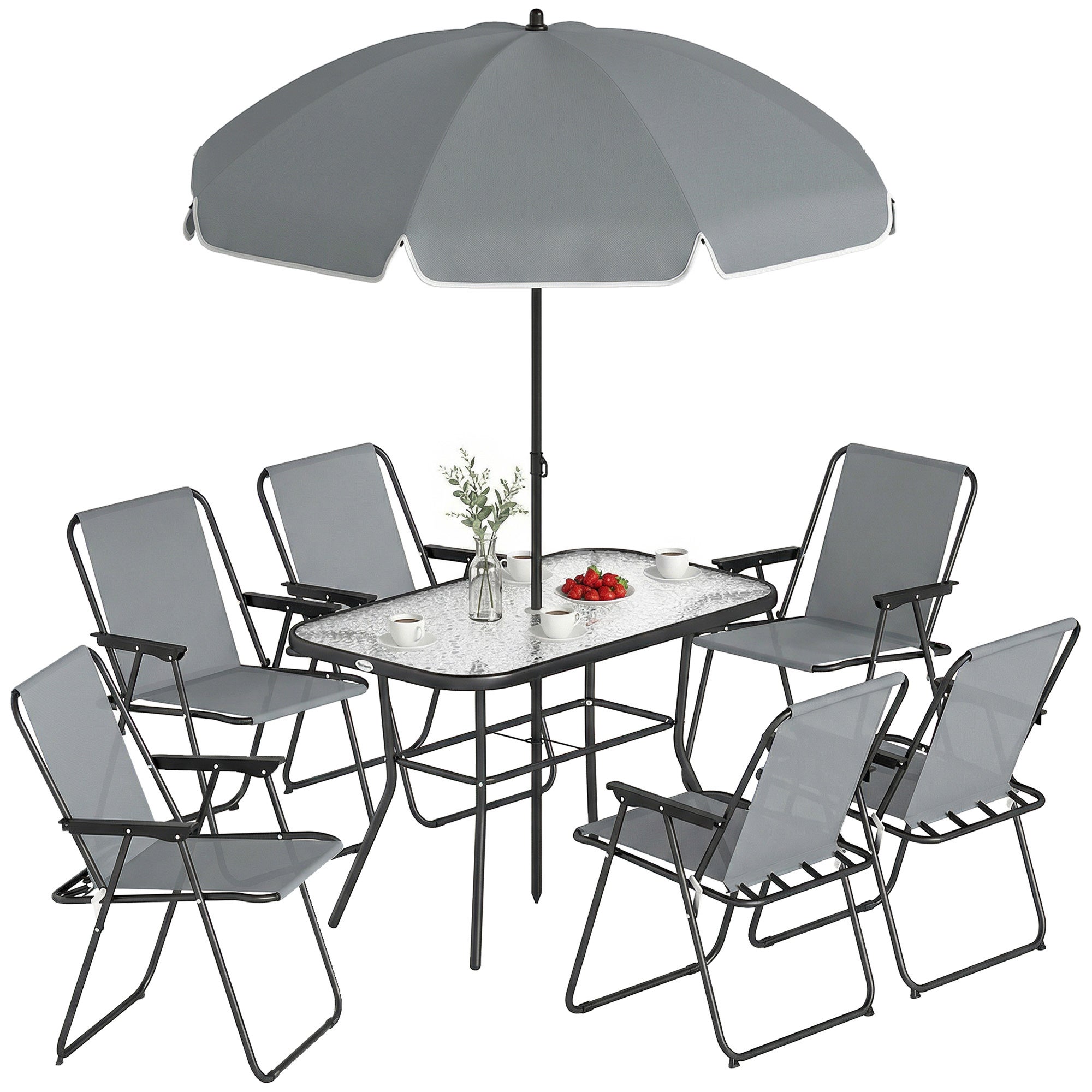 Zestaw mebli ogrodowych, grupa siedzisk, szklany stół 119 x 68 cm, 6 składanych krzeseł, parasol, wzór fali wodnej, szary