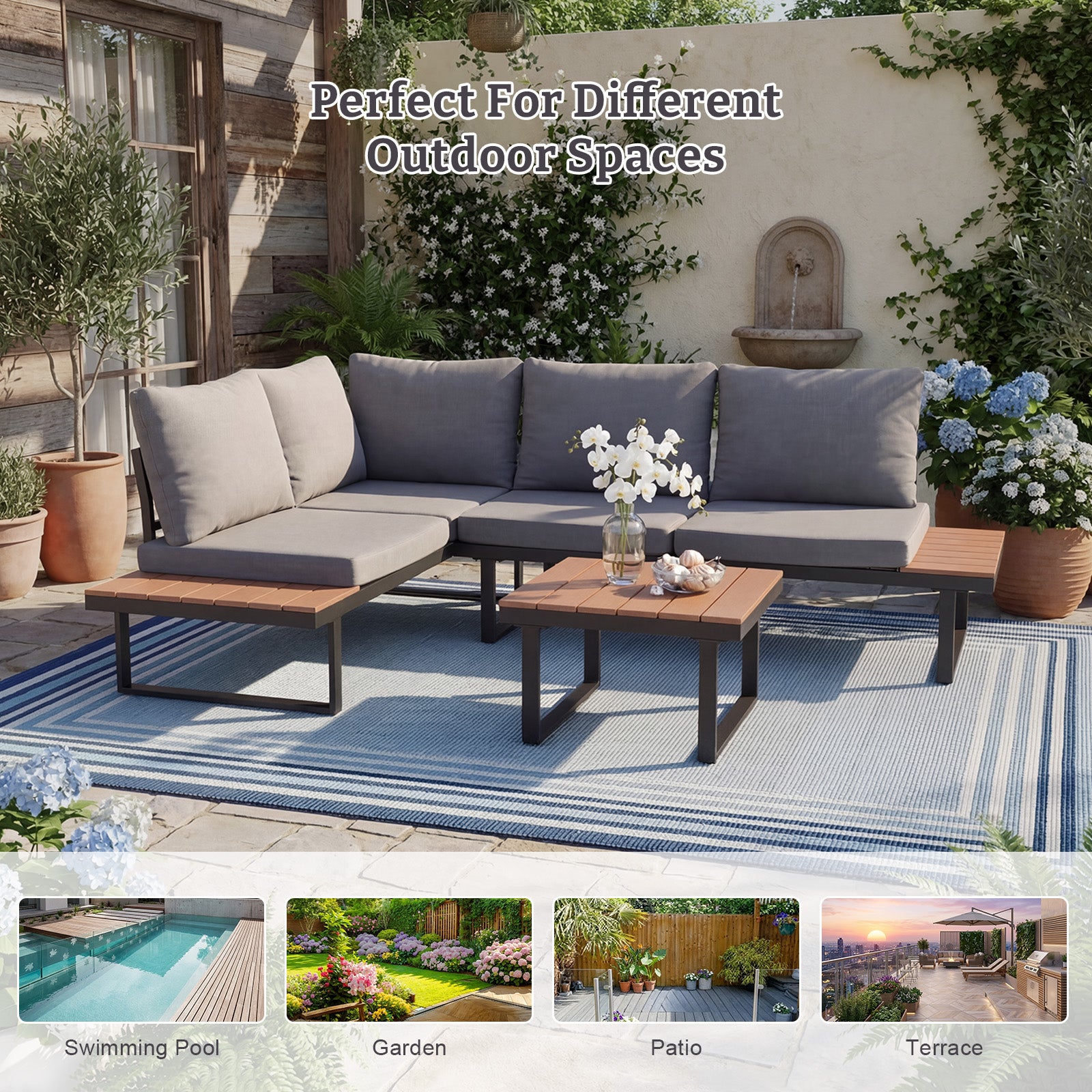 HOMAVO Salon de Jardin Extérieur, Convient à 3-4 Personnes, Comprend un Canapé d'Angle en L et une Table Basse, Housse de protection contre la pluie - 6