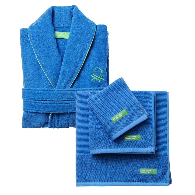 BENETTON Ensemble peignoir L-XL + lot de 3 serviettes en coton bleu