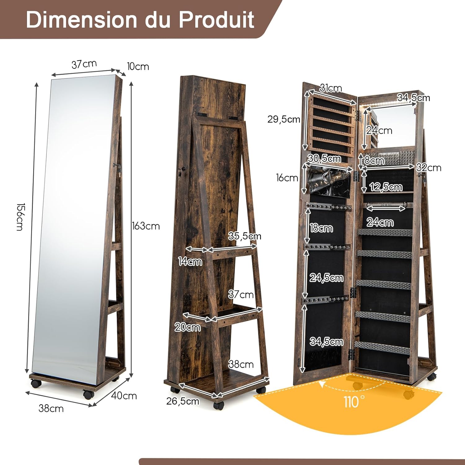 Armoire à Bijoux Mobile avec Miroir Pleine Longueur-avec Serrure-Lumières Led 3 Couleurs-Miroir de Courtoisie Intégré Café - 9