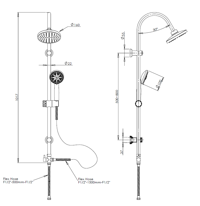 Barre de douche avec pomme de douche fixe et pommeau manuel + déviateur modèle “m” - 3