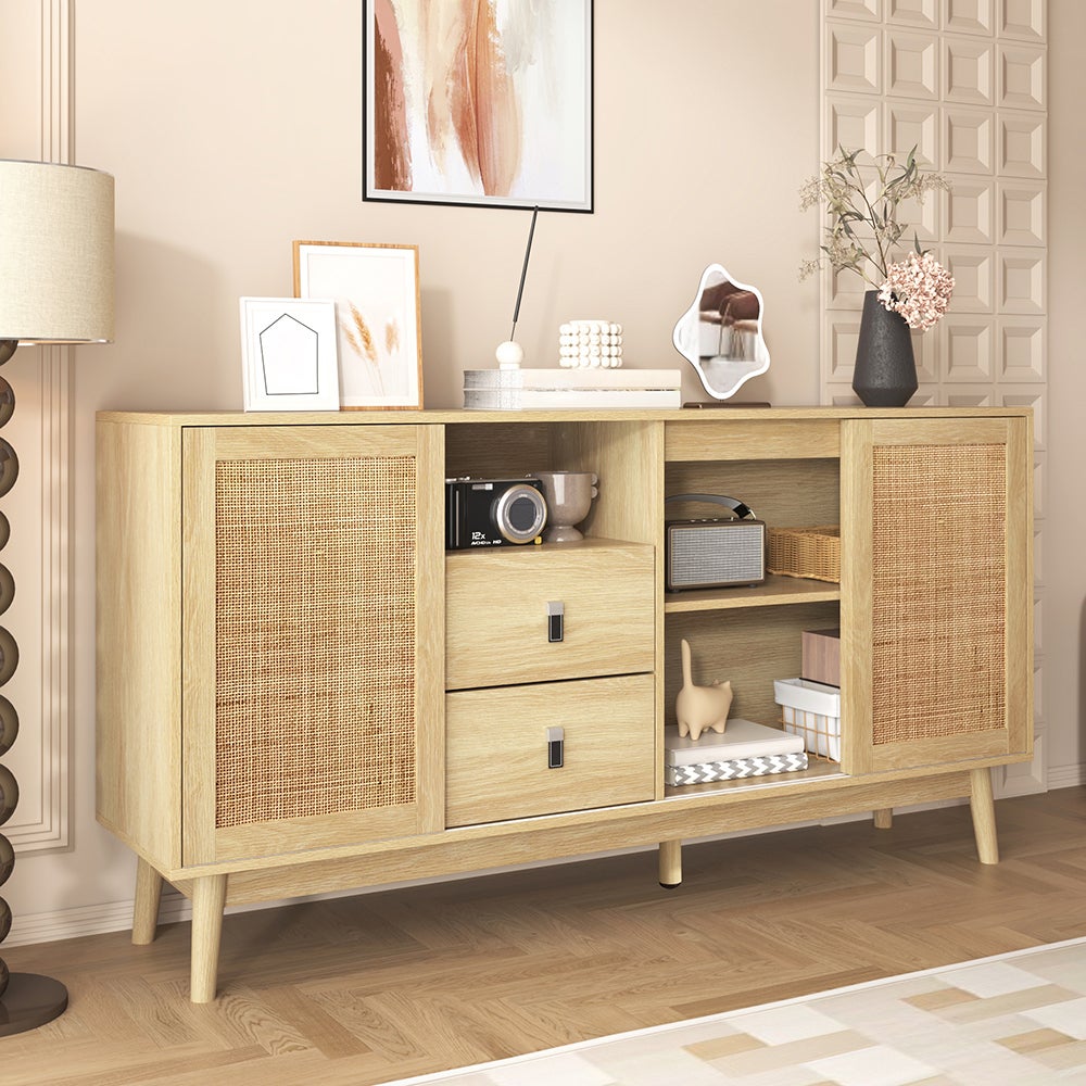 Buffet avec 3 portes coulissantes en rotin véritable et 2 tiroirs - 9