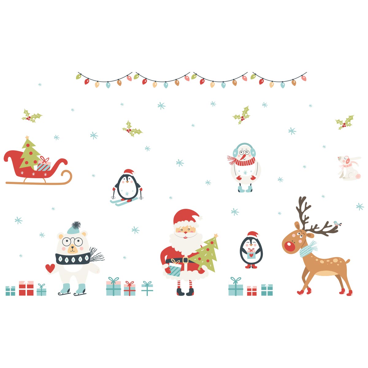 Sticker Noël le père noël et les animaux sous la neige de noël - Autocollants stickers adhésifs noël - décoration fêtes - 60x90cm - 5