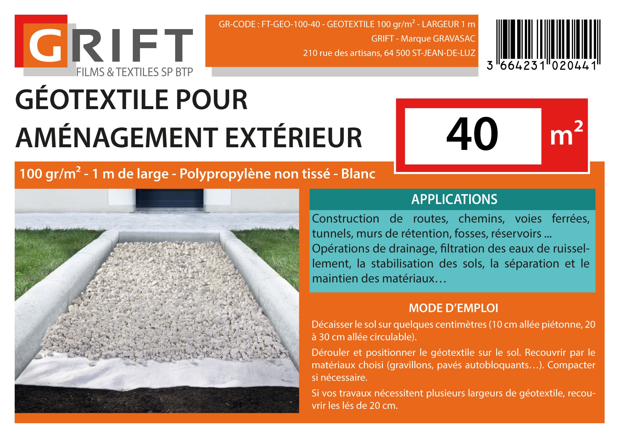 GRIFT - Géotextile 40 m², 100 gr/m², 2 rouleaux de 1m x 20m - 7