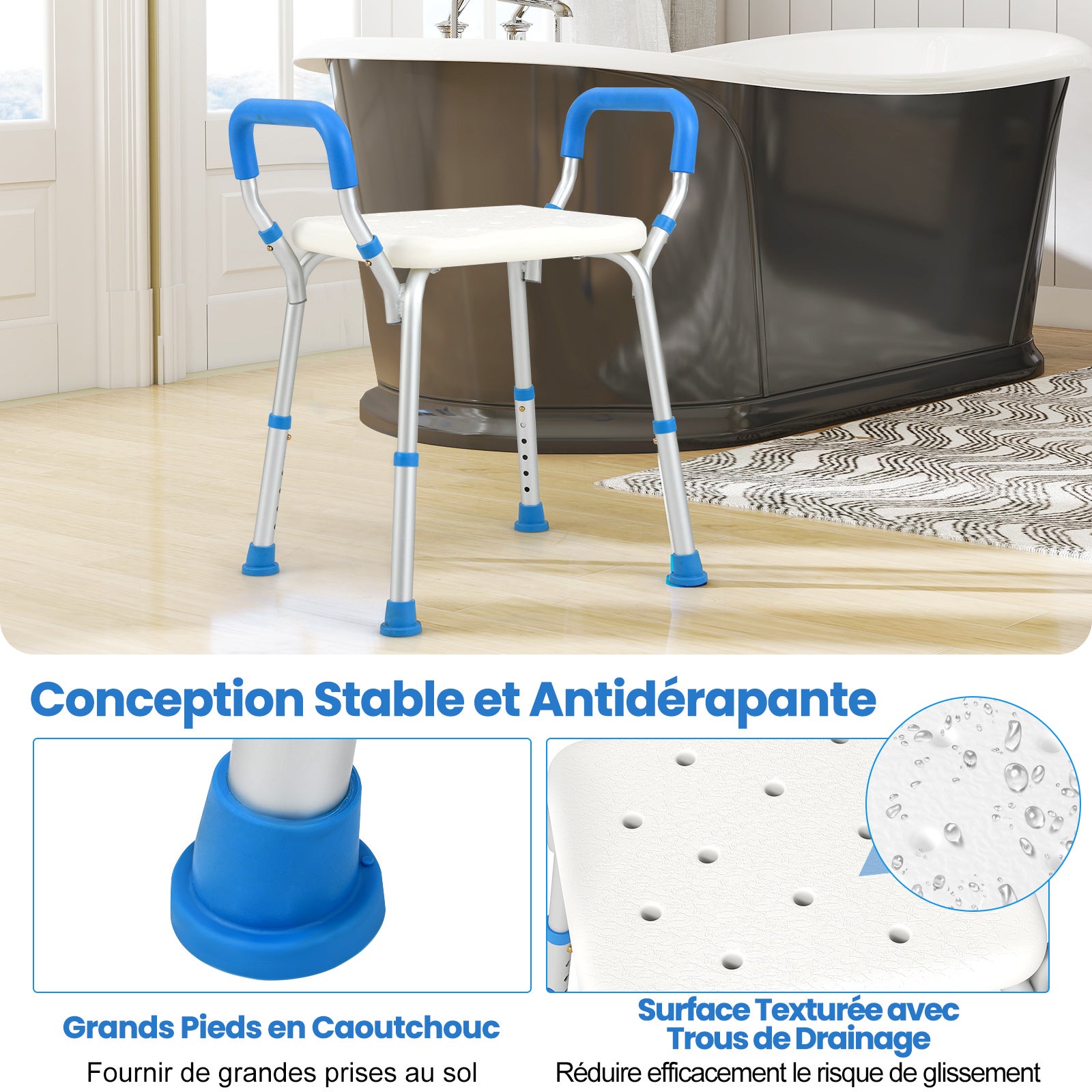 Tabouret de Douche 6 Hauteurs Réglables 36-49cm, Chaise de Douche Accoudoirs Amovibles, Pieds En Caoutchouc Antidérapants, Tabouret Salle de Bain,Bleu - 7