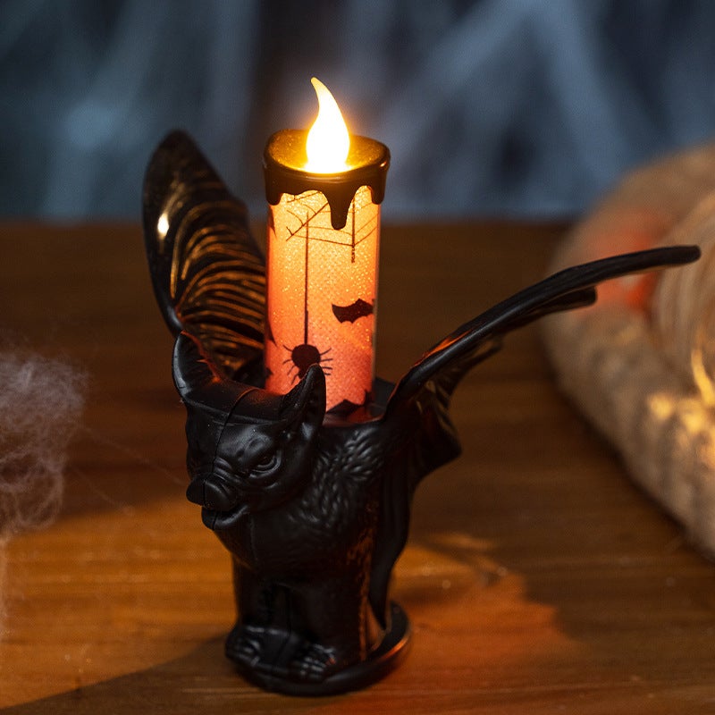 Bezplomieniowa świeca LED Halloween z podstawką kształcie nietoperza pomarańczowe gotyckie światło dekoracji imprez straszny dodatek stół pomieszczeń