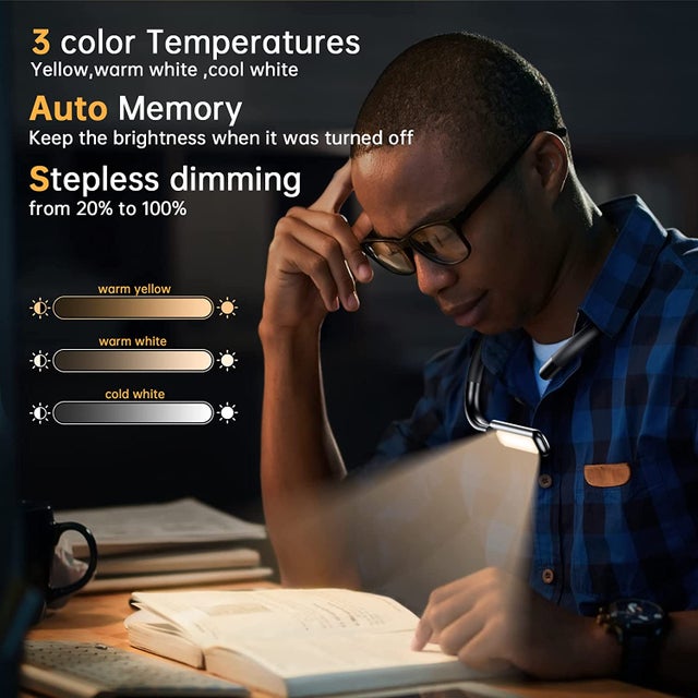 COONOOR Lampe de lecture à LED pour le cou, lampe de livre pour lire au lit, 3 couleurs, gradation en continu, longue durée, rechargeable