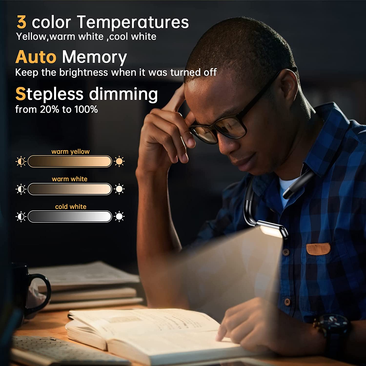 Lampe de lecture pour livres au lit, lampe de lecture rechargeable avec luminosité à 3 couleurs et intensité variable, lampe de lecture portative à pince jusqu'à 60 heures d'éclairage | Best Buy