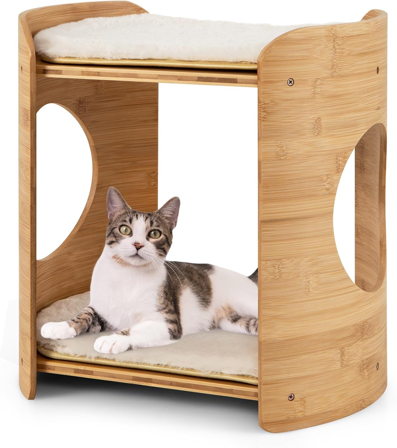 COSTWAY Petite Tour pour Chat 2 Niveaux, Petit Arbre à Chat, Cadre en Bambou, Coussins en