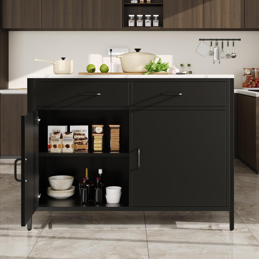 Table haute noire avec plateau effet marbre, pieds réglables, rangement pratique, design moderne pour cuisine et salon - 100×90×90cm - 3
