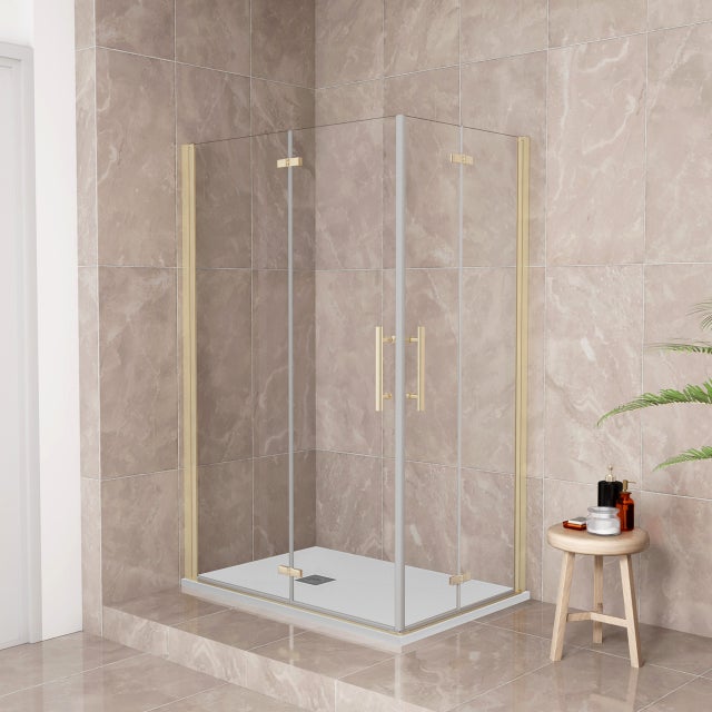 185 cm Box Doccia Angolare 70x90 cm Doppia Porta Battente Pieghevole Vetro Temperato Trasparente 6 mm Anticalcare Telaio Dorato Spazzolato