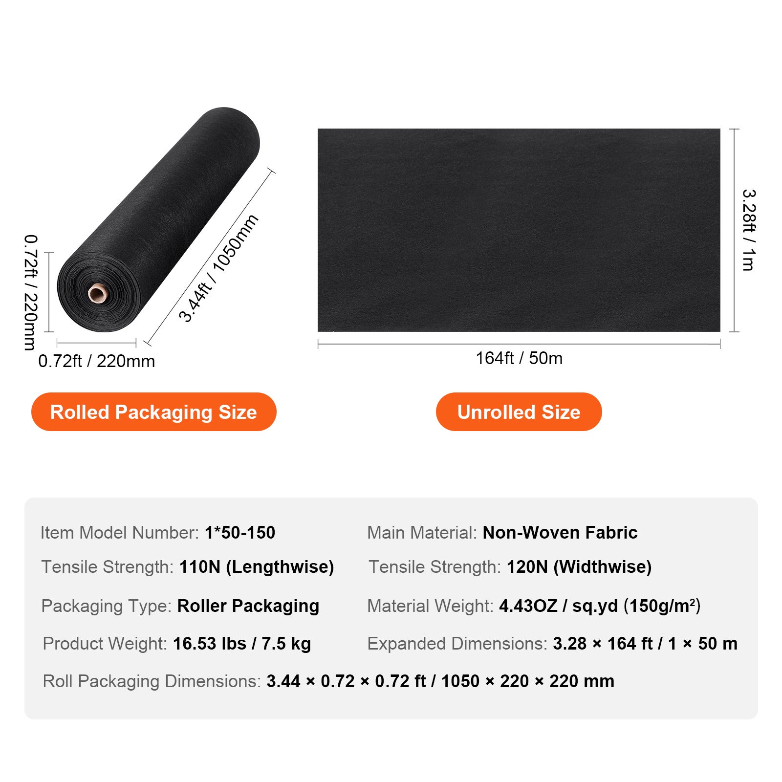 Géotextile Non Tissé 1 x 50 m VEVOR Toile Anti Mauvaises Herbes 150 g/m² Perméable Antidéchirure pour Drainage Allée Gravier Paysage Noir - 7