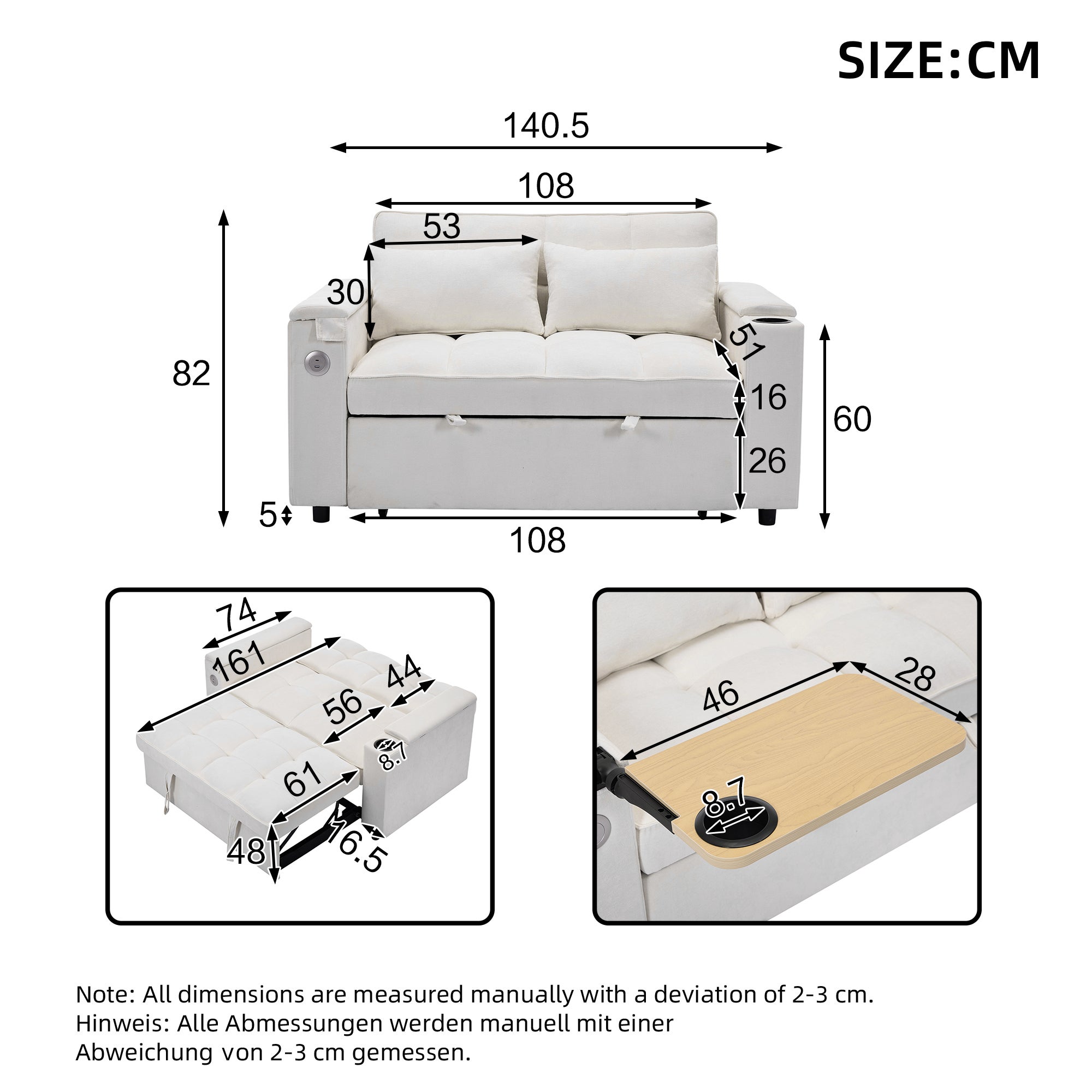 Canapé convertible 2 personnes 140.5x74x82 cm - Dossier réglable - Port USB - Porte-gobelet - Petite table d'appoint - Beige - 6