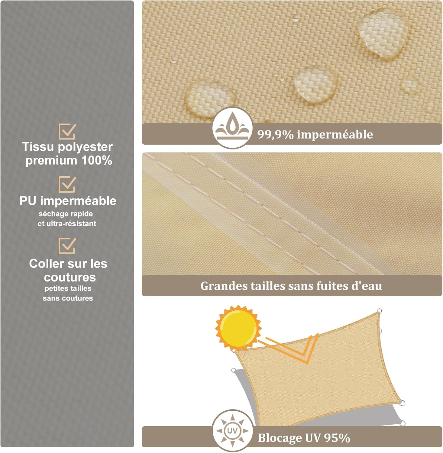 Voile d'ombrage Imperméable Rectangulaire 2,5x3m Toile Ombrage PES avec 95% Protection UV pour Jardin, Terrasse, Balcon, Patio, Extérieur - Sable - 4