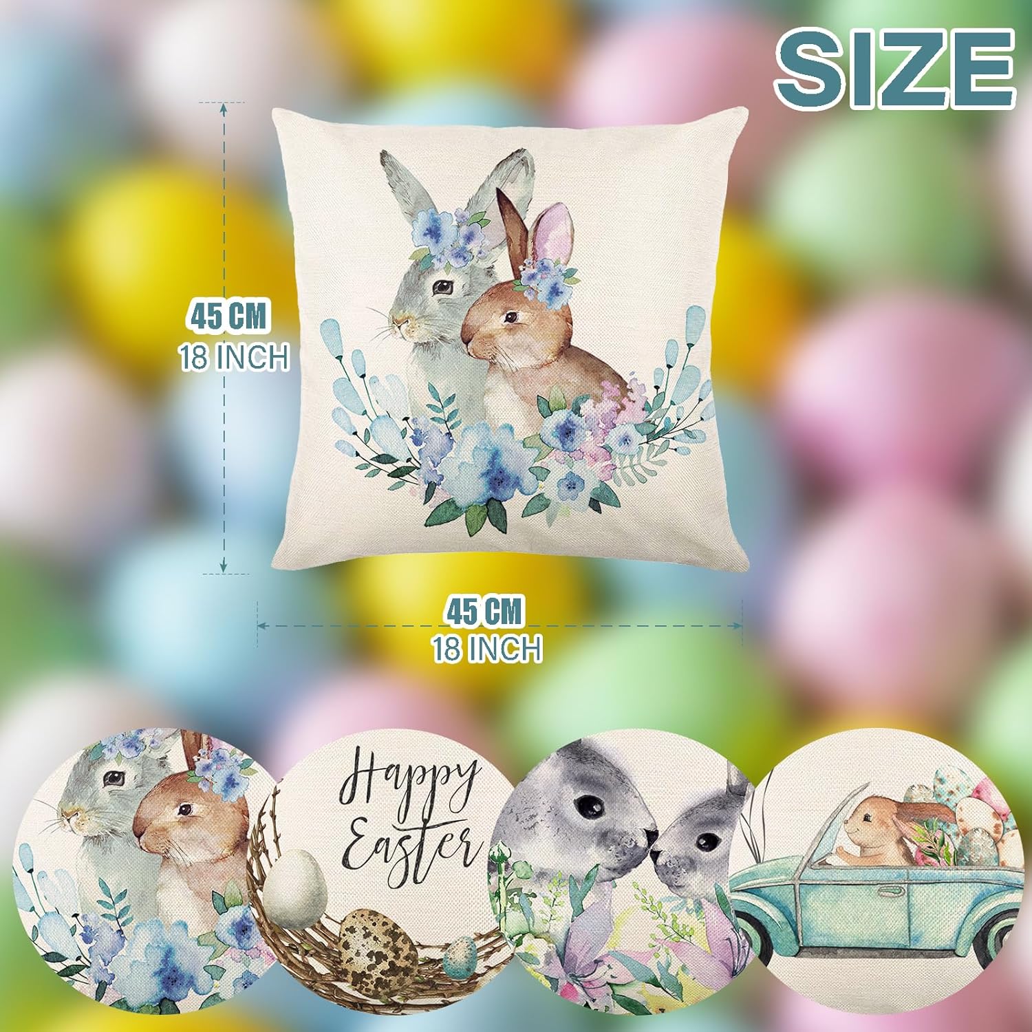 Federe Pasquali Hlonon 45x45 Cm Set Da 4 - Cotone E Lino Con Coniglietti E Uova - Decorazione Casa Primaverile
