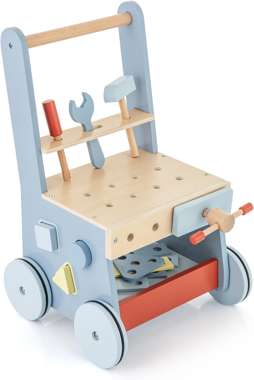 Drewniany Wózek dla Niemowląt, 2 w 1 Chodzik dla Niemowląt Rozwijający Motorykę, Zabawki Montessori dla Dzieci Powyżej 3 Lat, Niebieski