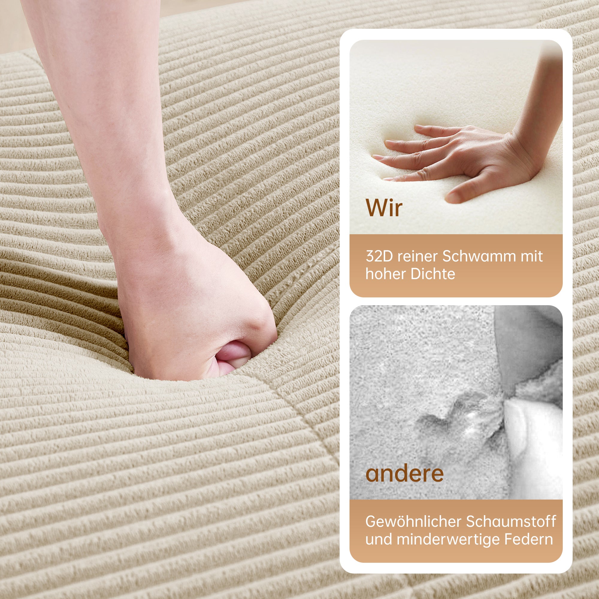 Canapé modulable avec 3 tabourets,&nbsp;Canapé 3 places en velours côtelé, accoudoirs ultra larges, Canapé d'Angle rembourrage 32D, Canapé compact beige - 6