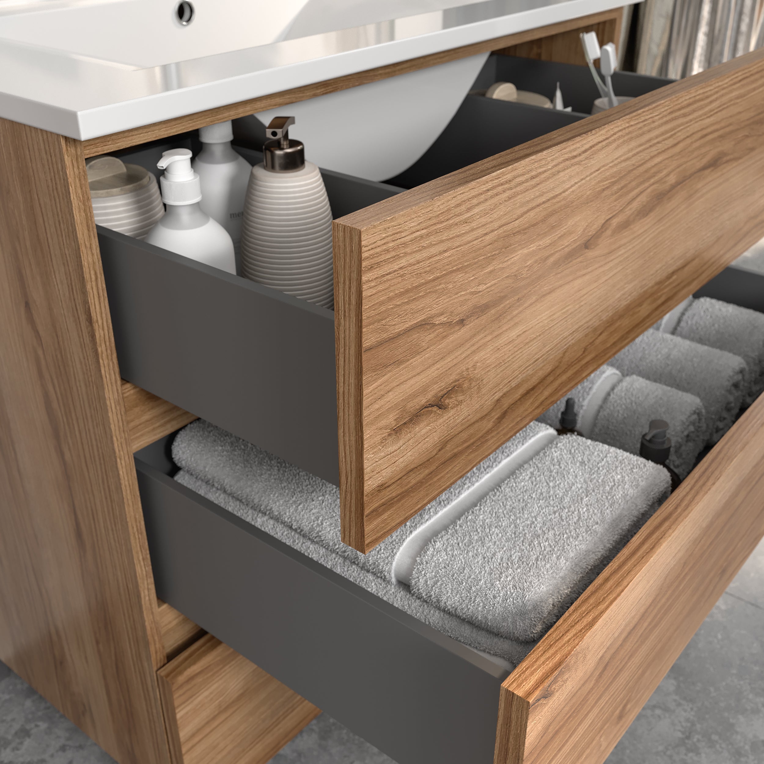 Conjunto Aprilia de mueble y encimera en medida 80 cm, acabado roble guadarrama con tirador uñero - 3