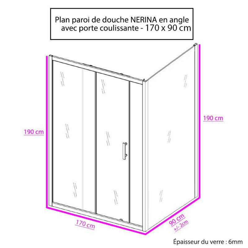 Paroi de douche d'angle avec porte coulissante + retour fixe NERINA - 170x90 cm - 4