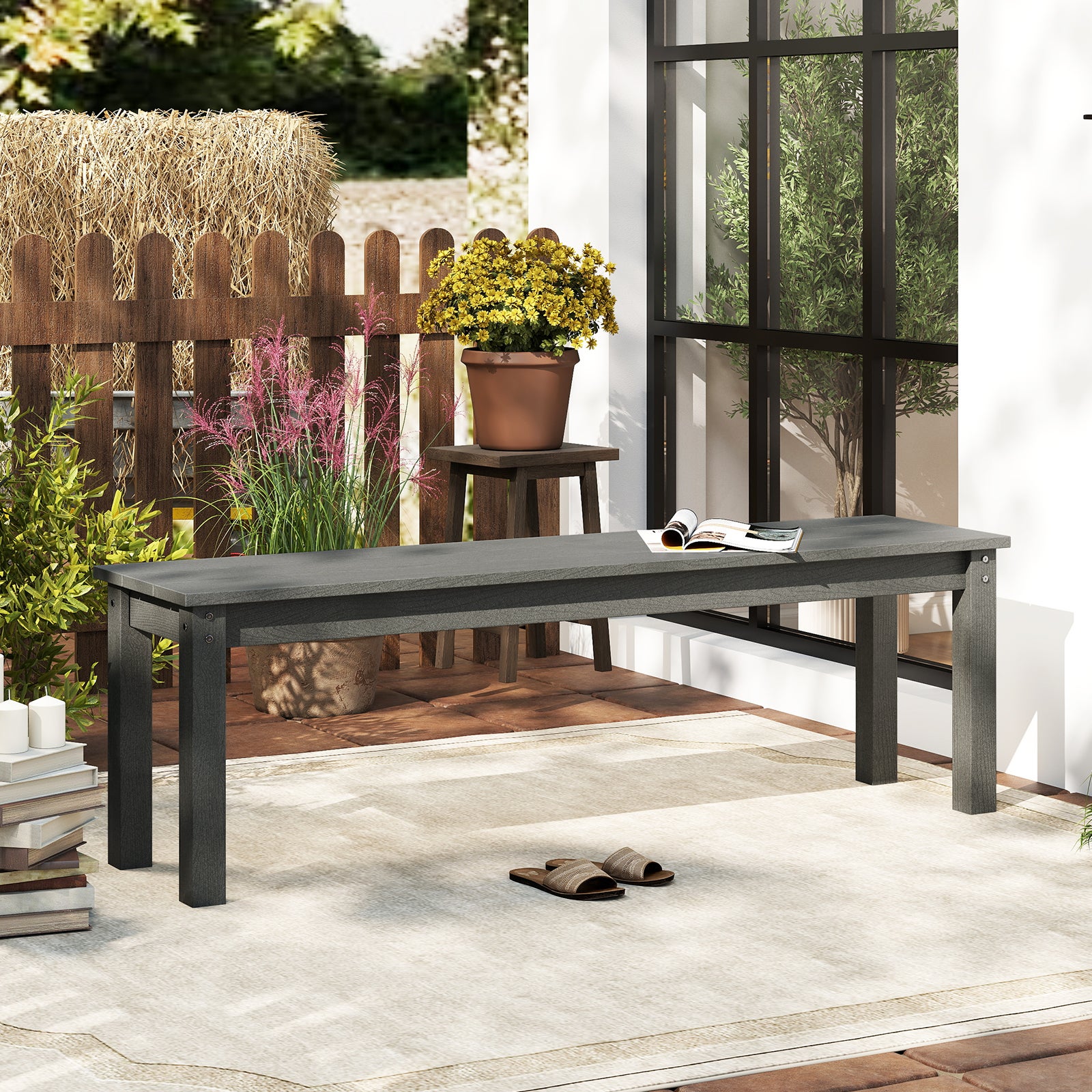 GOPLUS Banc De Jardin 140 Cm HDPE - Sans Dossier, Siège à Lattes, Résistant Intempéries, Charge 340 Kg - Noir/Gris - 9
