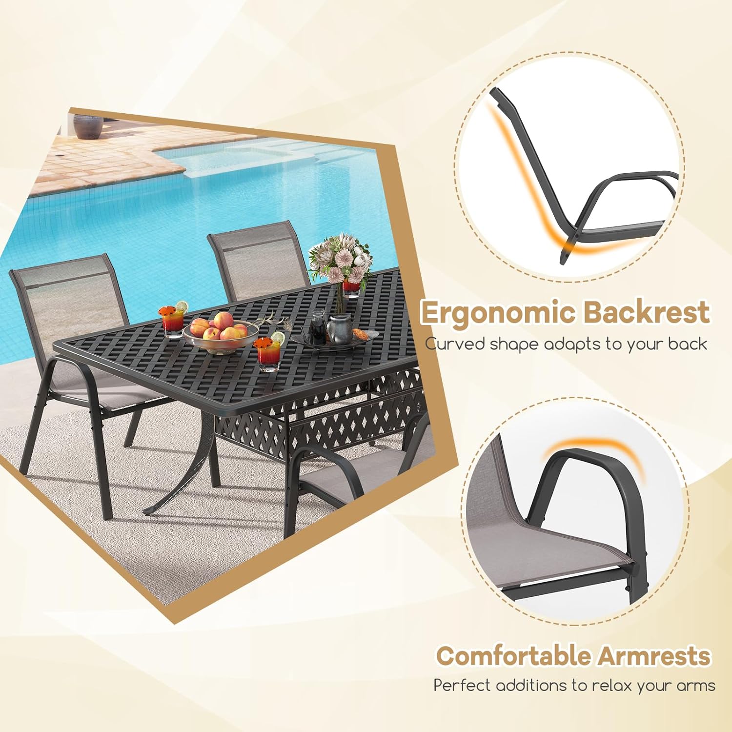 Lot de 4 Chaises de Jardin Extérieur Métal et Textilène, Fauteuil de Jardin Empilable avec Accoudoirs et Dossier, 56x70x84cm, Charge 150kg, Gris - 7