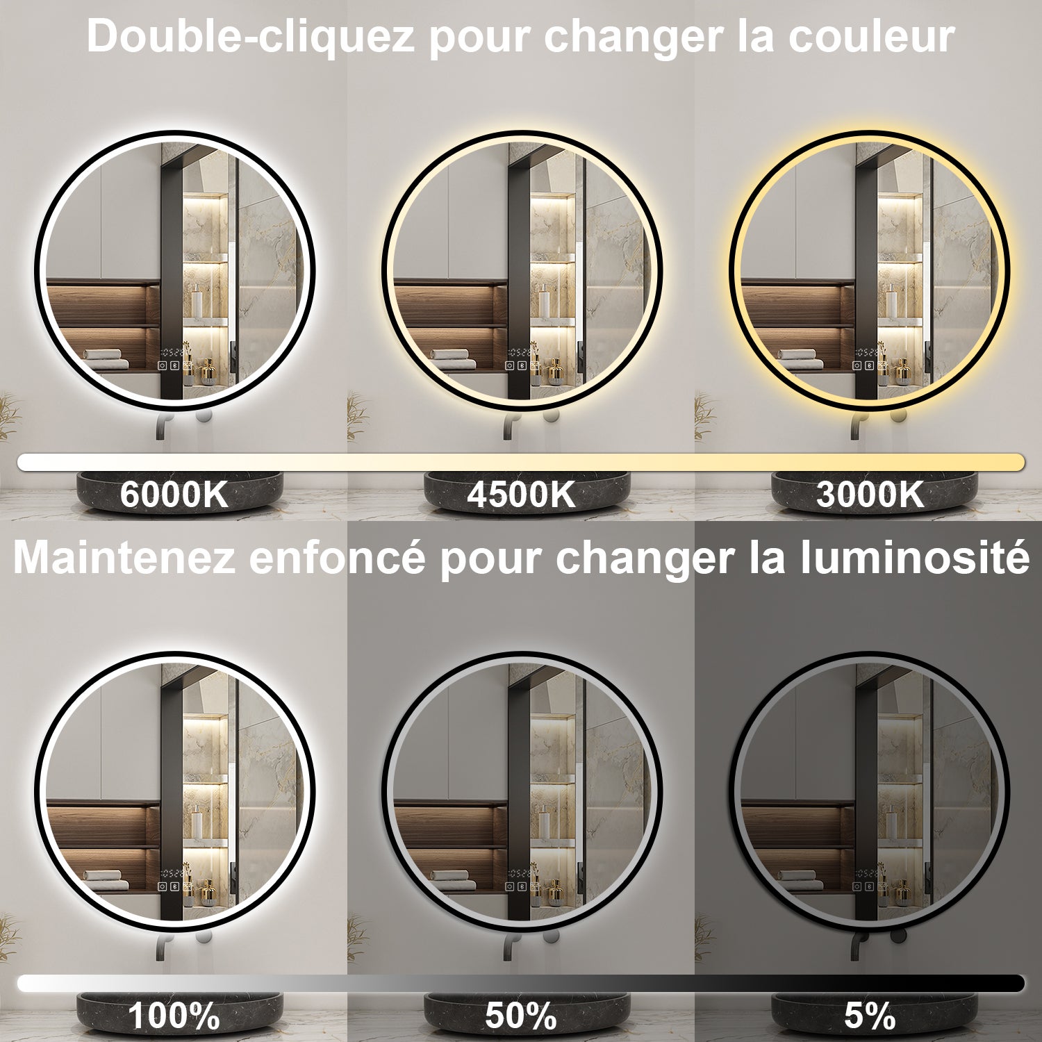 Aica Miroir lumineux de salle de bain Bluetooth Rond 90cm Avec Horloge + 3 Couleurs + Dimmable + Anti-Buée, Noir Cadre Non-Métallique - 3