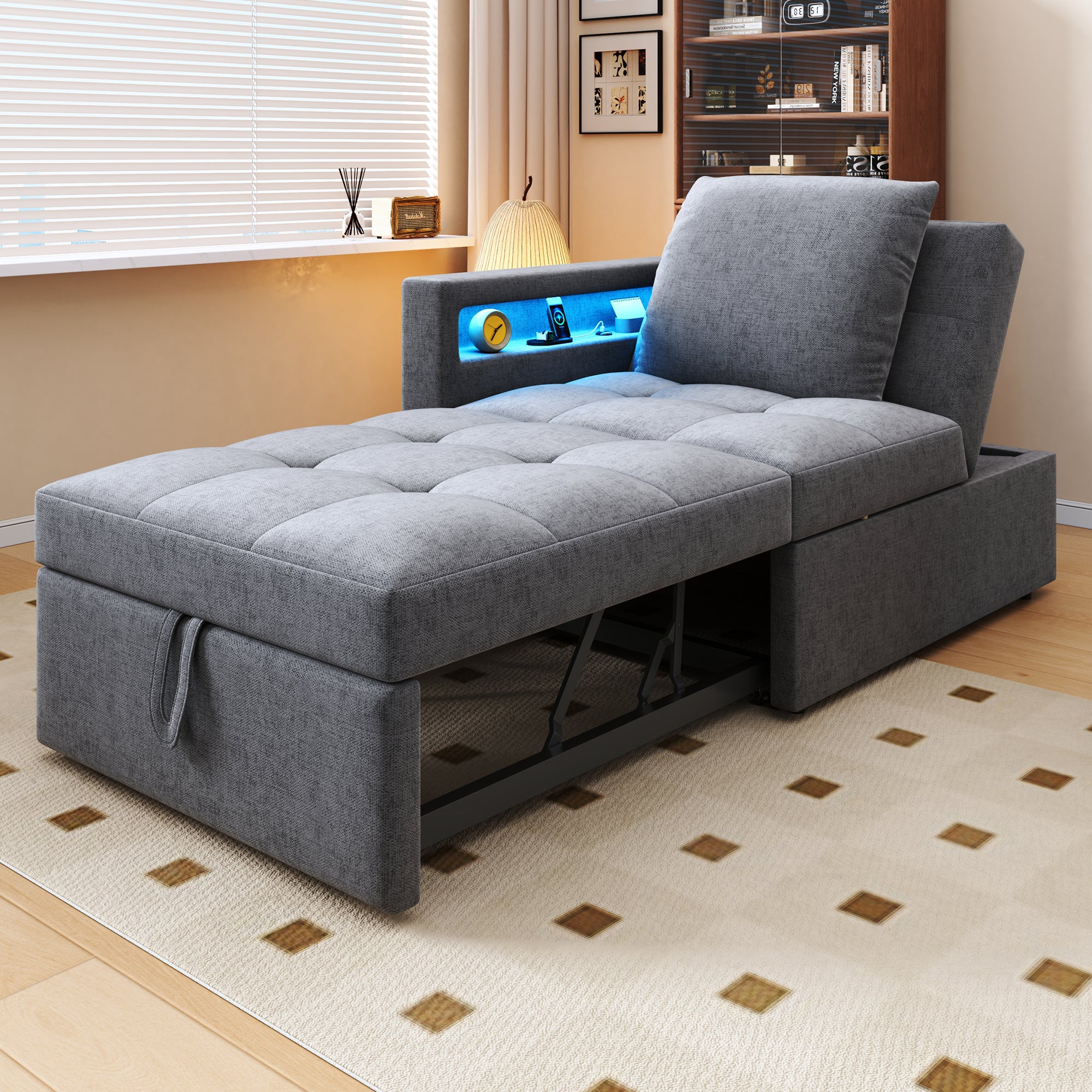Łóżko tapicerowane 2 w 1 z regulowanym oparciem – 177 x 68 x 65 cm – tkanina lniana – porty LED i USB/typu C – jasnoszary (bez materaca)