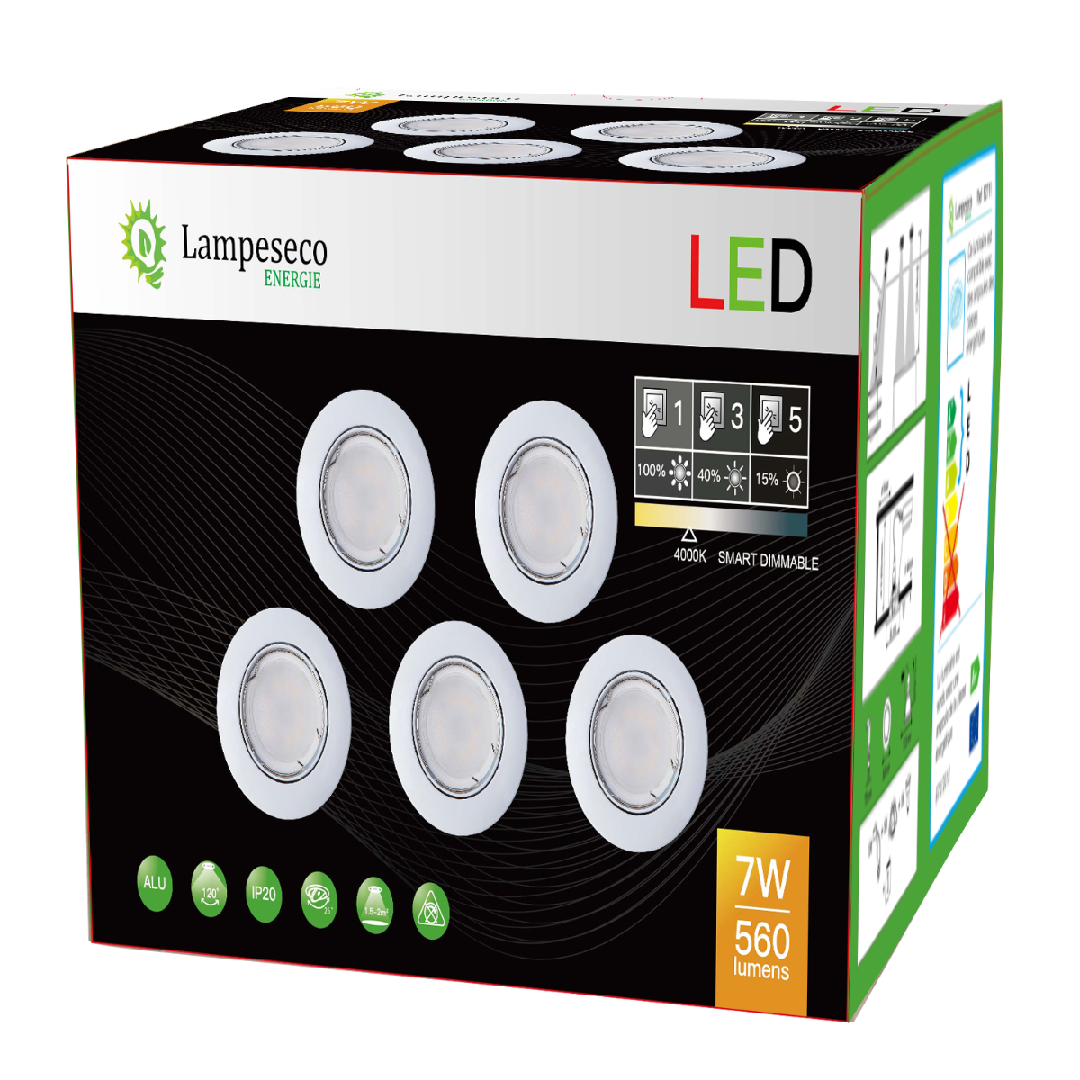 5 Spots led 3-step dimmable sans variateur 7w eq.56w blanc neutre orientable finition blanc - 6