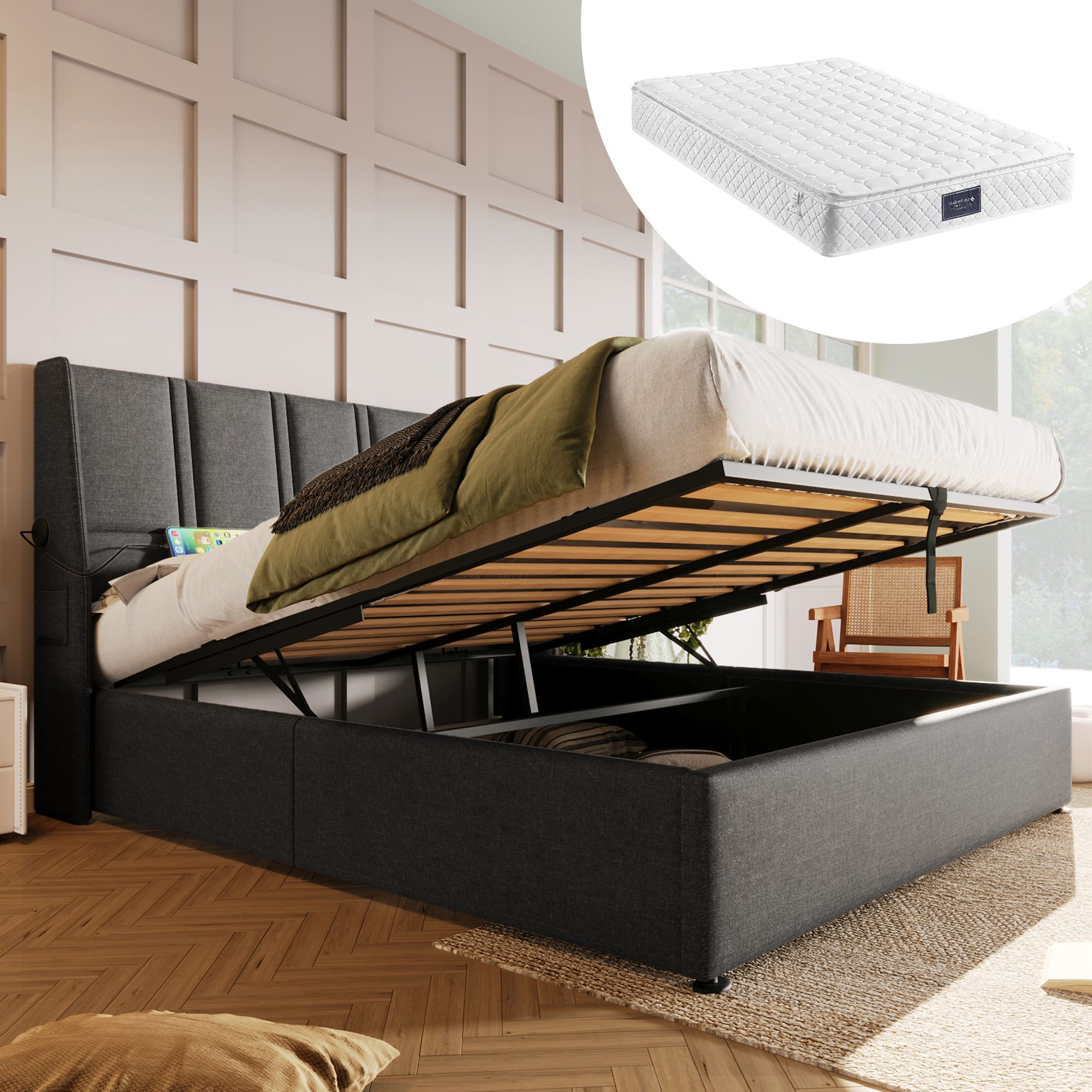 Lit Coffre 160x200 Avec LED Et USB - Tête De Lit Capitonnée, Rangements - Sommier à Lattes Hydraulique - Velours Gris