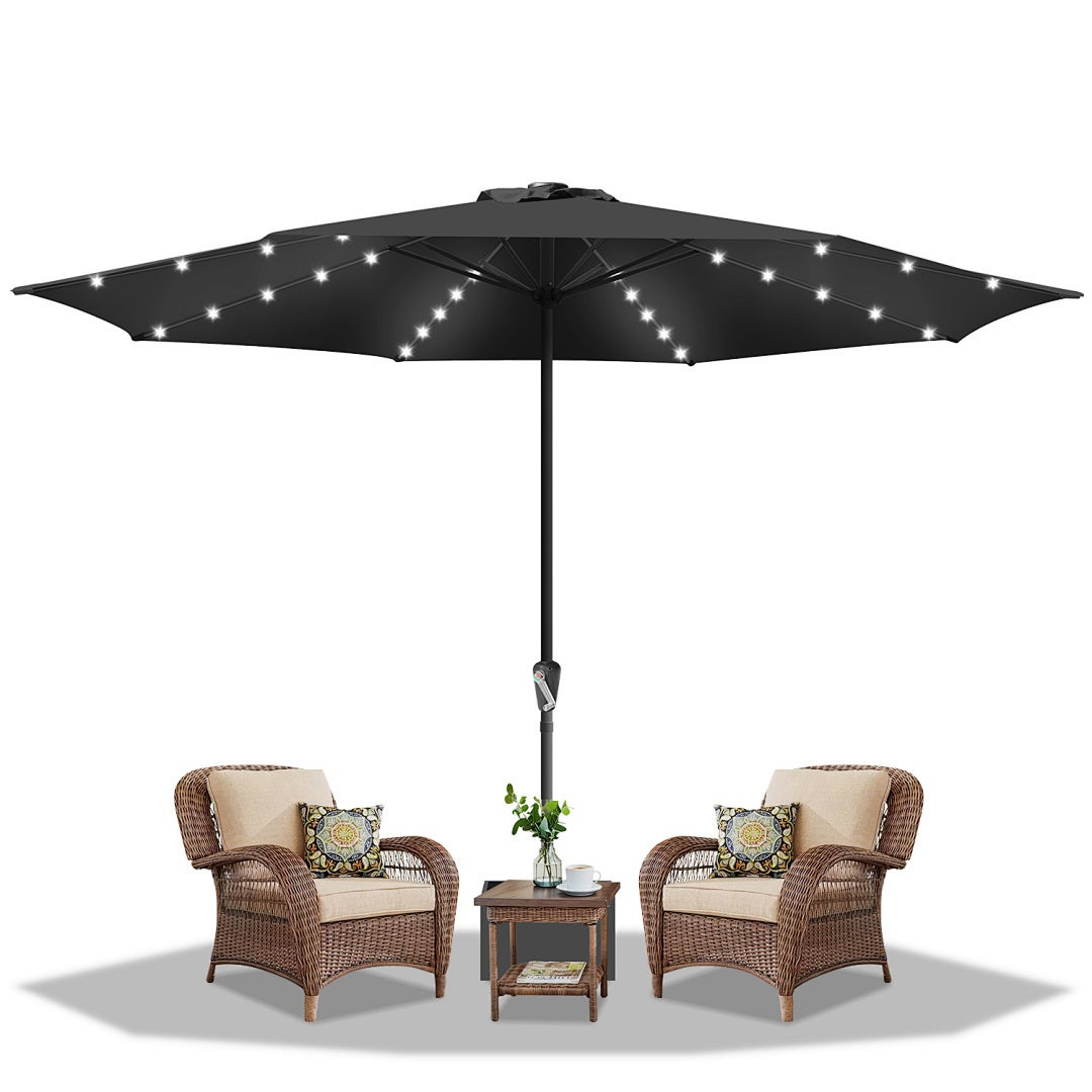 Parasol prosty Ø350 cm z solarnym oświetleniem LED 40 (żarówki), parasol ogrodowy i na balkon, ochrona UV 50+, korbka, 8 żeber, szary