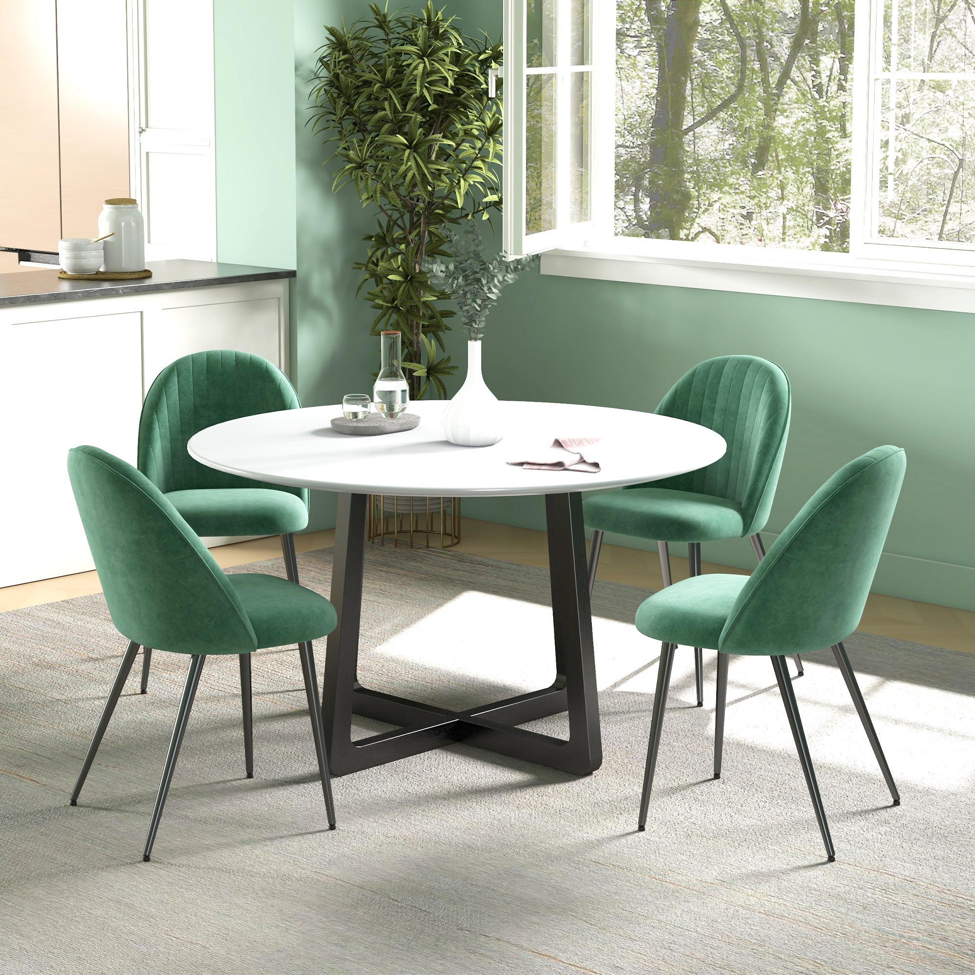 HOMCOM Set 4 Sedie Moderne Imbottite con Schienale Ricurvo, in Tessuto Effetto Velluto e Acciaio, 50x52x83 cm, Verde - 2