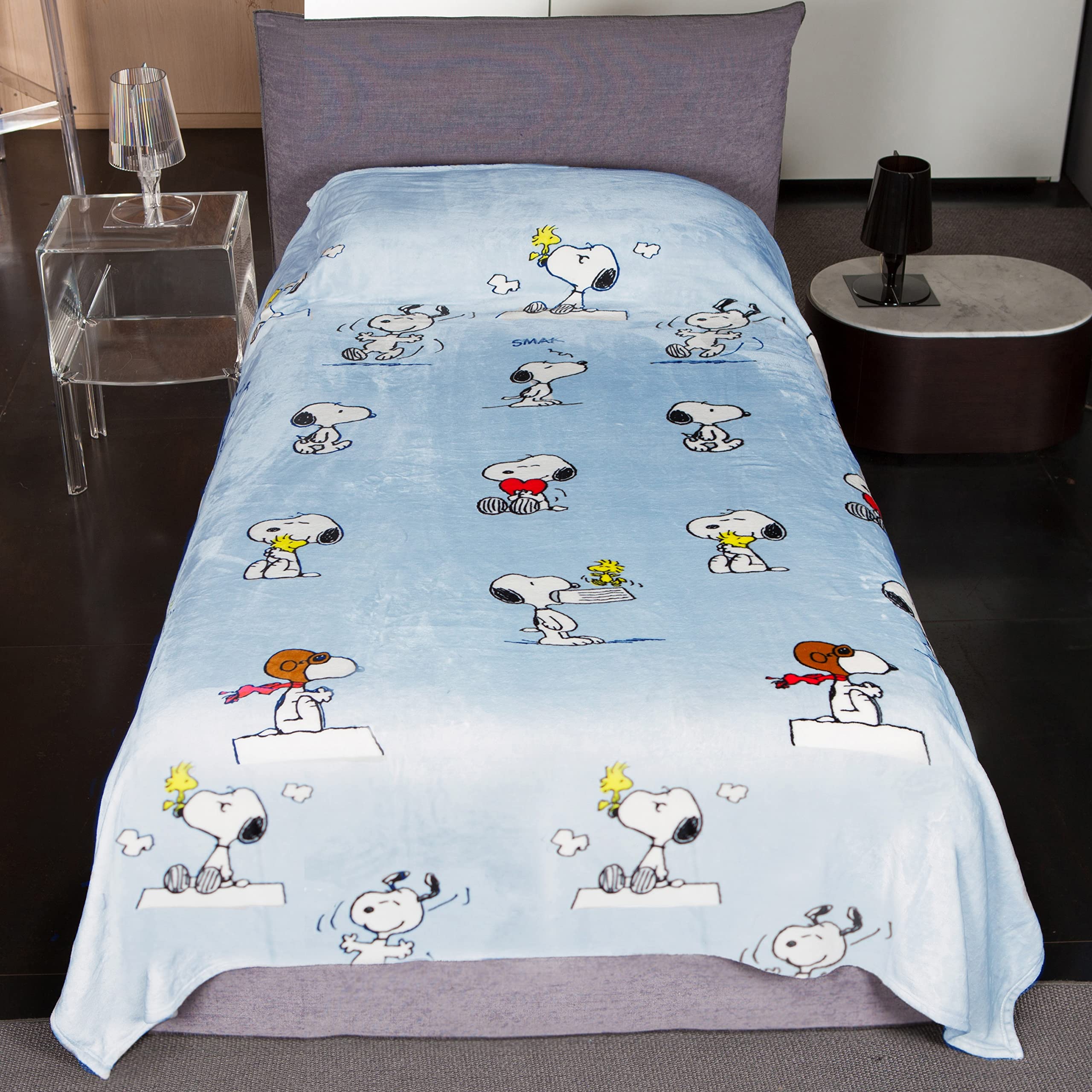 Kanguru snoopy, morbida coperta letto singolo, plaid in pile, per letto una piazza, per camera o cameretta bambini, soffice, calda, azzurro 130x230 cm